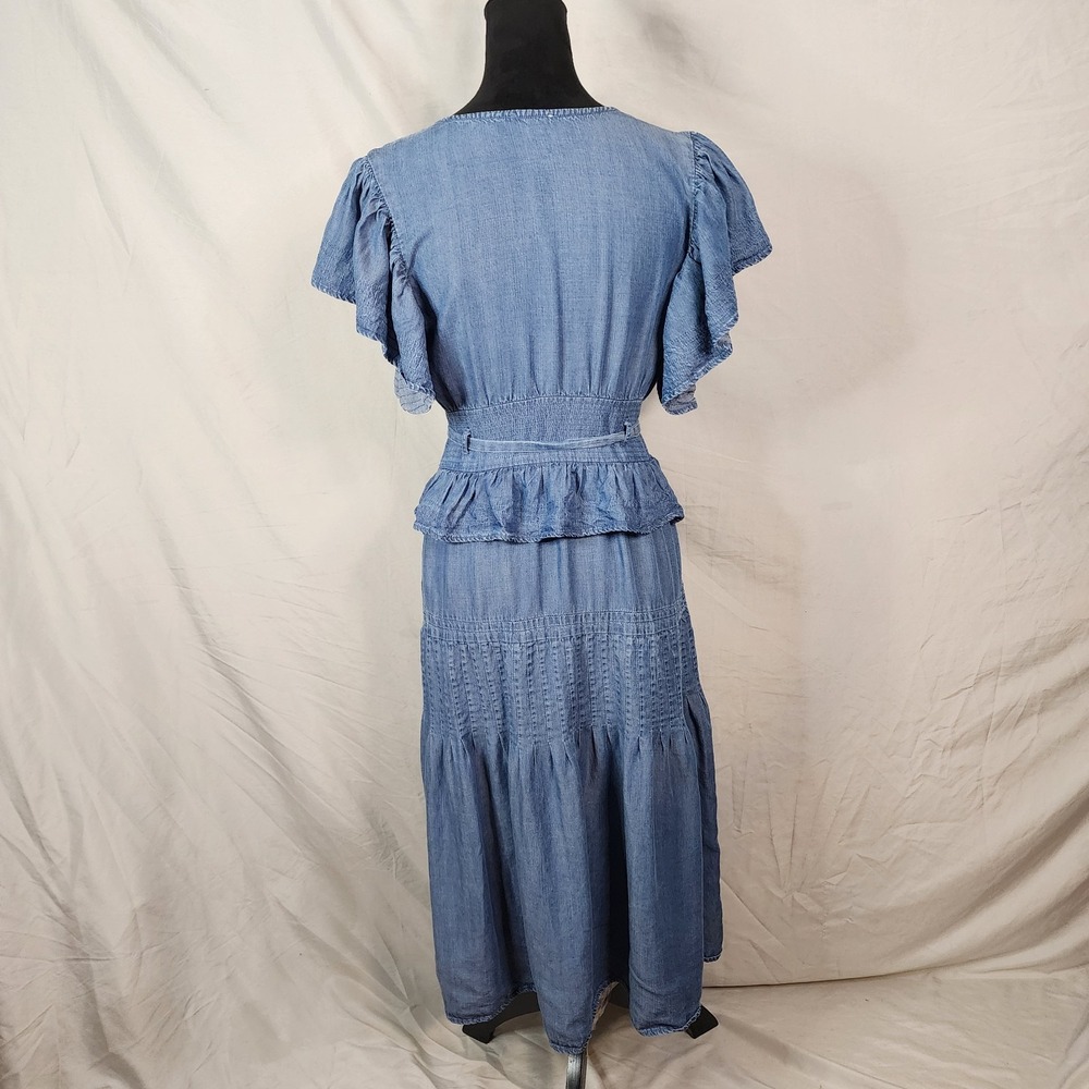 WISHLIST APPAREL Size Small Blu Chambray Denim Ruffled Flutter Sleeve Midi Dress - Picture 14 of 16